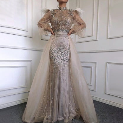 Muslim Silver Long Sleeve Feathers Beaded Evening Dresses Gowns Mermaid Luxury For Women Party 2025 Serene Hill LA71036A - SERENE HILL