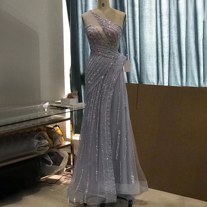 Serene Hill Lilac One-Shoulder Luxury Evening Dresses Gowns 2025 Mermaid Elegant Beaded For Women Party LA71442 - SERENE HILL