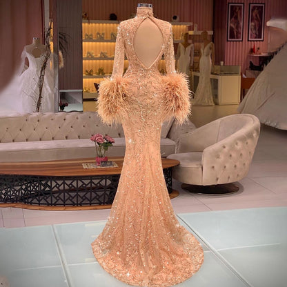 Serene Hill Muslim Rose Gold Elegant Evening Dresses Gowns 2025 Feather Beaded Mermaid Luxury For Women Party LA71514 - SERENE HILL