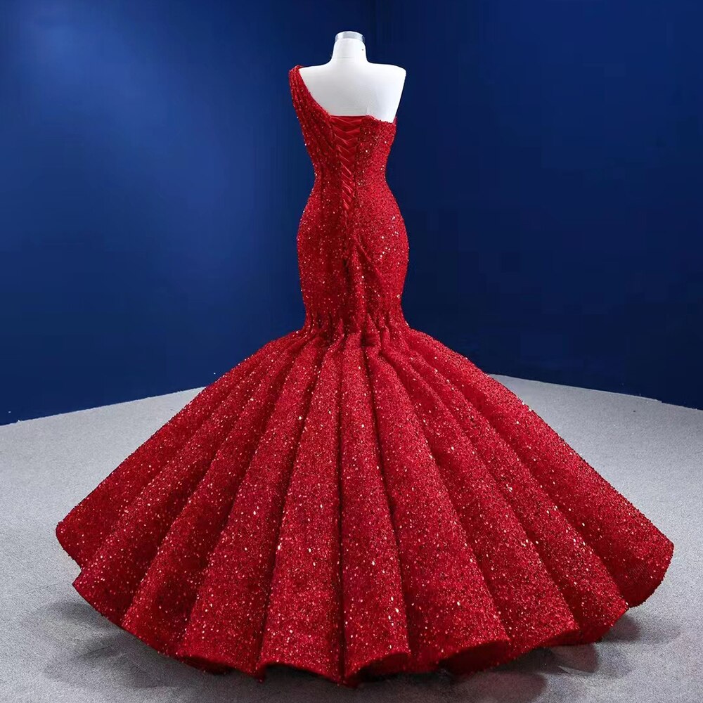 Serene Hill Red One Shoulder Luxury Evening Dresses 2025 Sequins Beaded Mermiad Elegant Bridal For Women Party HM67447 - SERENE HILL