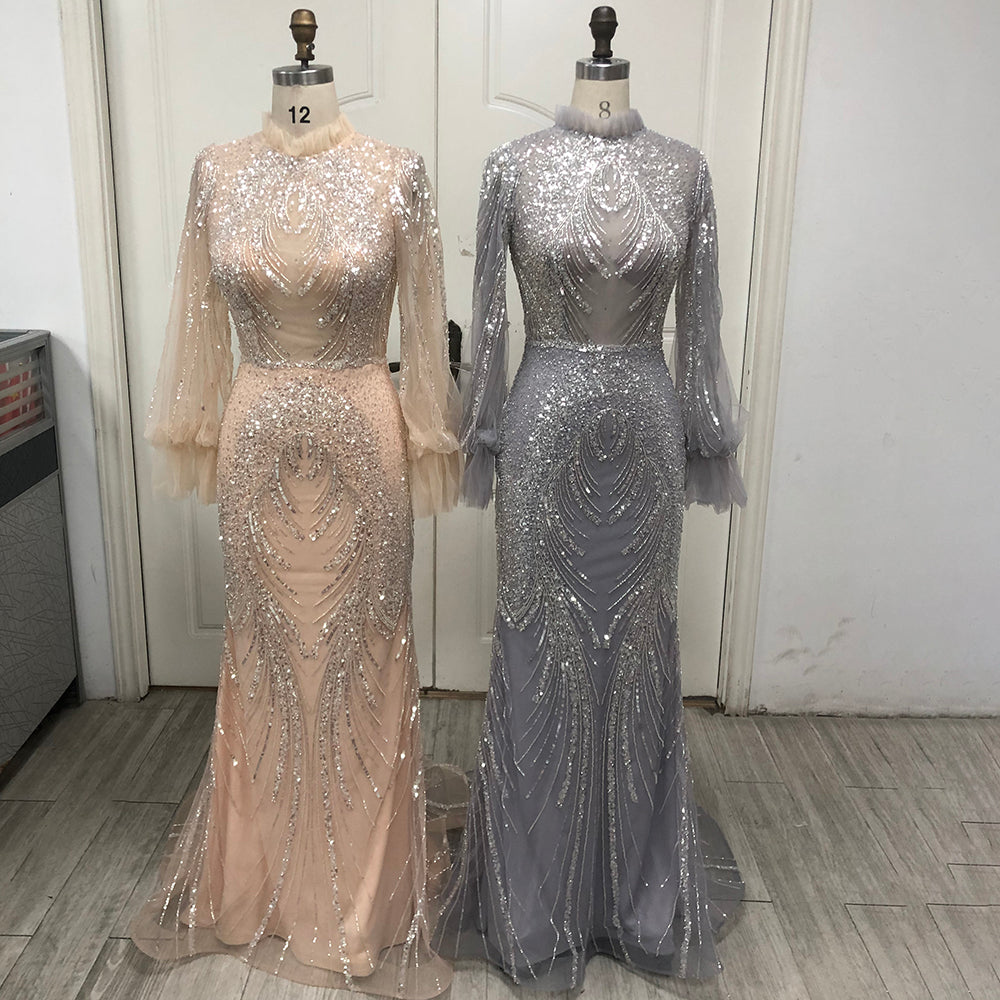 Serene Hill Grey Mermaid Elegant High Neck Evening Dresses Gowns 2025 Full Sleeves Beaded Luxury For Women Party LA71609 - SERENE HILL