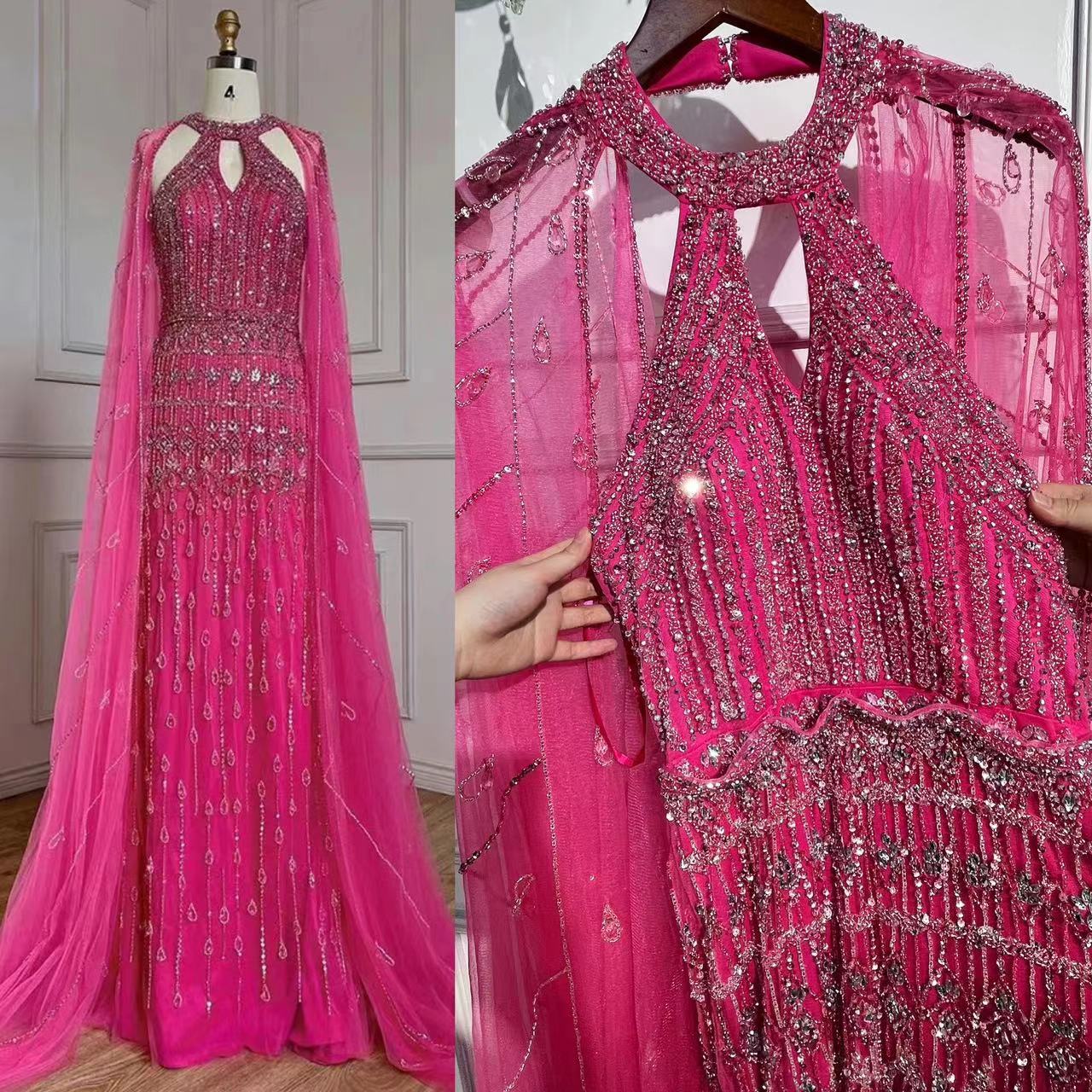 Luxury Dubai Mermaid Pink Evening Dresses with Cape Sleeves LA71817 - SERENE HILL
