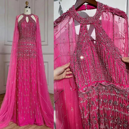 Luxury Dubai Mermaid Pink Evening Dresses with Cape Sleeves LA71817 - SERENE HILL