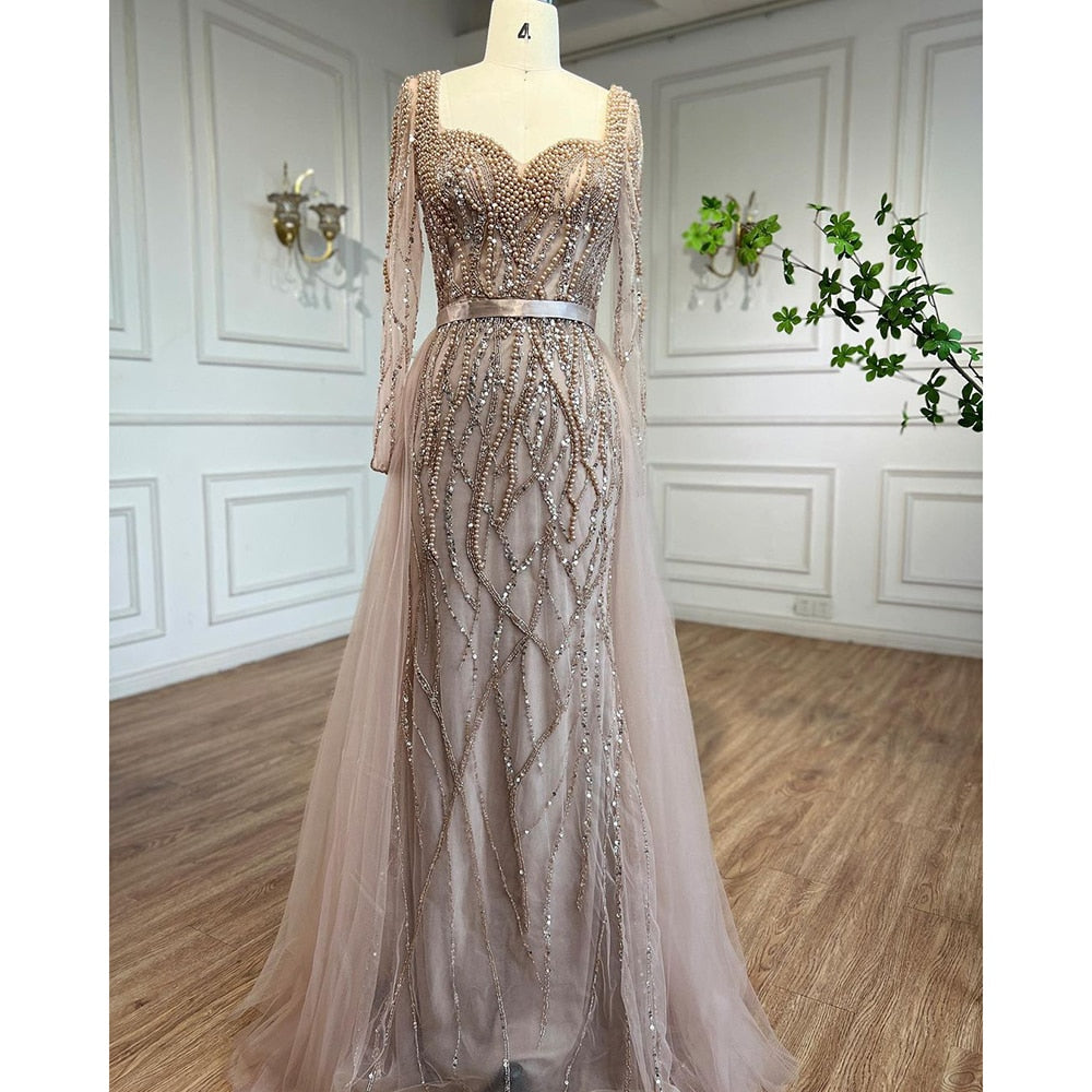 Serene Hill Blue Mermaid Luxury Pearls Beaded Arabic Elegant Evening Dresses Gowns For Woman Wedding Party LA71861 - SERENE HILL
