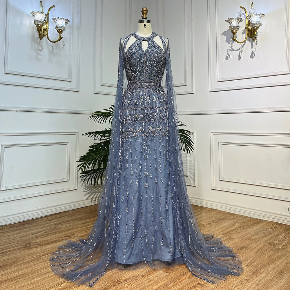 Luxury Dubai Mermaid Pink Evening Dresses with Cape Sleeves LA71817 - SERENE HILL