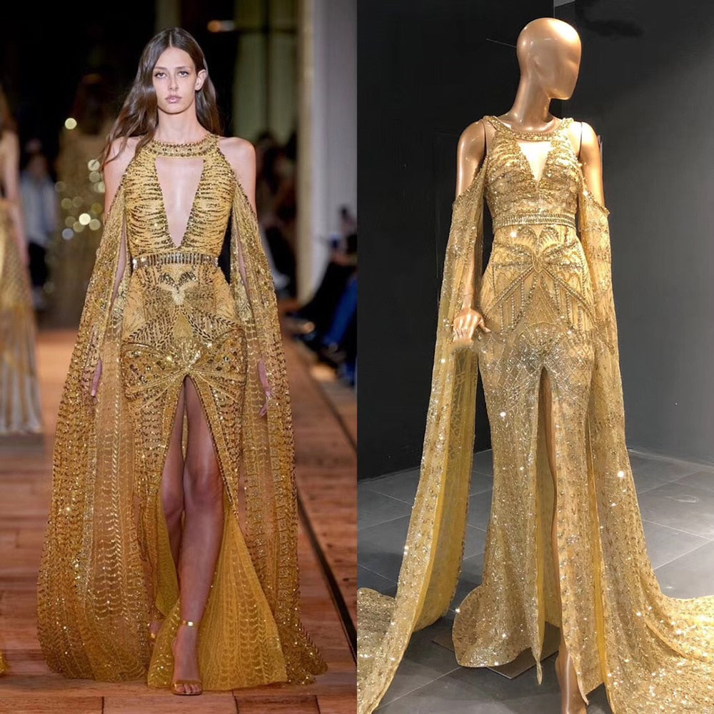 Gold Mermaid Elegant High Split Evening Dresses Gowns 2025 Beaded Luxury Cape Sleeve For Women Party Serene Hill LA71503 - SERENE HILL