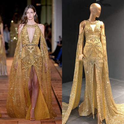 Gold Mermaid Elegant High Split Evening Dresses Gowns 2025 Beaded Luxury Cape Sleeve For Women Party Serene Hill LA71503 - SERENE HILL