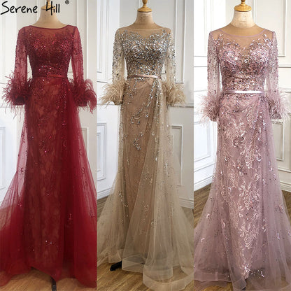 Serene Hill Evening Dress Long Wine Red Mermaid Dress Beaded Feathers With Cloak Party Gown Women Party LA70827 - SERENE HILL