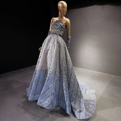 Serene Hill Blue Beaded Luxury Evening Dresses Gowns 2025 Detachable Sleeves A-Line For Women Party LA71506 - SERENE HILL