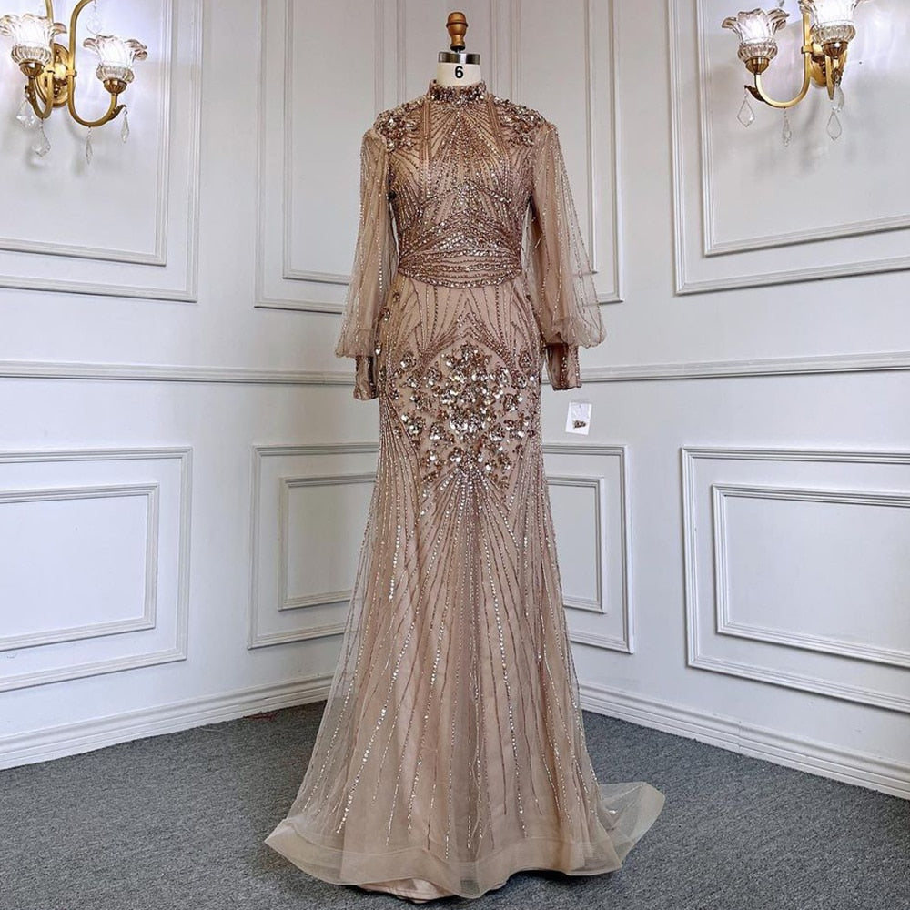 Silver Mermaid Luxury Beaded Evening Dress Gown Full Sleeves LA71036 (On Sale, No Return, No Refund) - SERENE HILL
