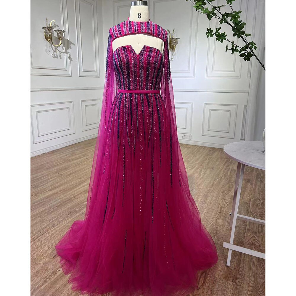 Luxury Dubai Fuchsia Evening Dress with Cape Sleeves LA71912 - SERENE HILL