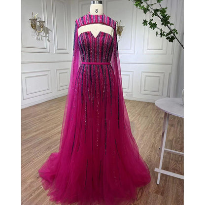 Luxury Dubai Fuchsia Evening Dress with Cape Sleeves LA71912 - SERENE HILL
