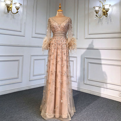Serene Hill Gold A-Line Long Sleeves Feathers Evening Dress 2025 for Women Luxury O-Neck Crystal Sequins Handmade LA71654 - SERENE HILL