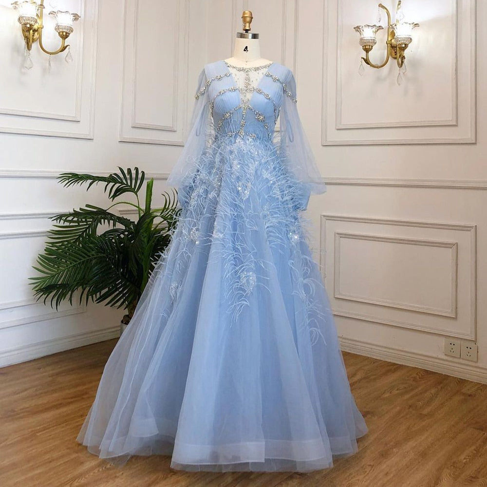 Serene Hill Blue A-Line Luxury Evening Dresses Gowns Long 2025 Beaded Feather For Women Party LA71495 Blue / 6