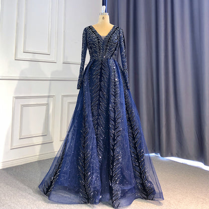 Serene Hill Navy Blue Velvet Muslim Mermaid Elegant Evening Dresses Beaded Long Sleeves With Skirt Not Removable 2025 LA71691 - SERENE HILL