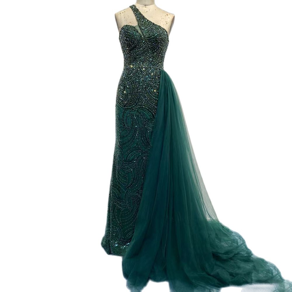 Serene Hill Green Mermaid Elegant With Overskirt Sexy One-Shoulder Evening Dresses Gowns Luxury Beaded 2025 Women Party LA71755 - SERENE HILL