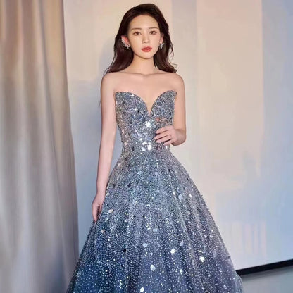 Serene Hill Grey A-Line Elegant Evening Dress 2025 Off The Shoulder Luxury Beaded Crystal Sequins For Women Party LA71644 - SERENE HILL