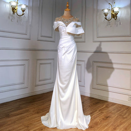 Serene Hill White Satin Beaded Evening Dresses Gowns 2025 Mermaid Elegant Luxury For Women Party LA71487 - SERENE HILL