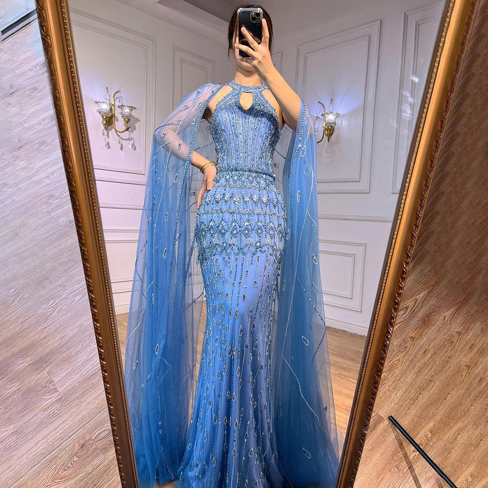 Luxury Dubai Mermaid Pink Evening Dresses with Cape Sleeves LA71817 - SERENE HILL