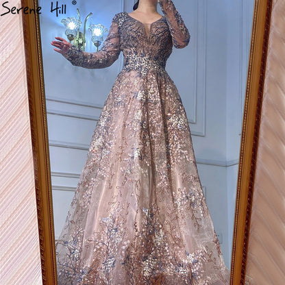 Elegant Long Sleeve Arabic Evening Dresses Luxury Dubai Plus Size LA71026 - SERENE HILL