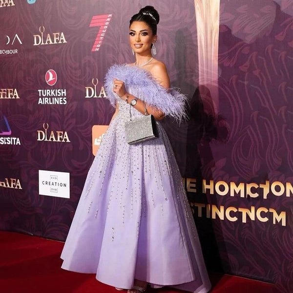 SERENE HILL  Sexy Off Shoulder A Line Feather Beaded Luxury Evening Dresses Gowns For Women Arabic Party 2025 LA71844
