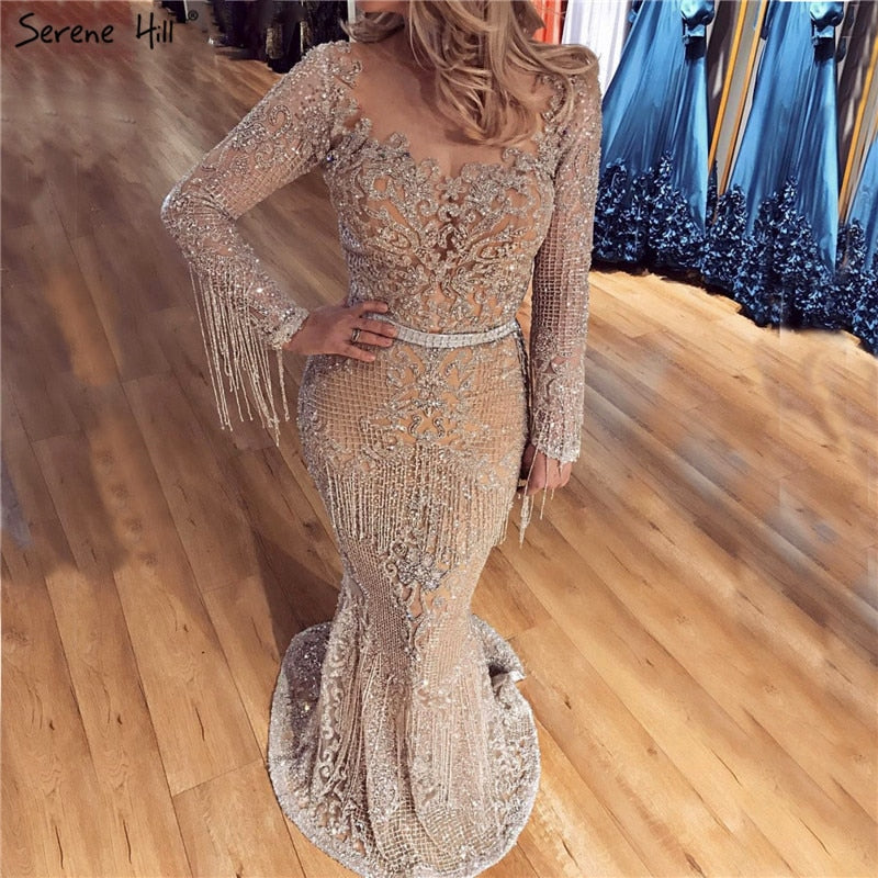 SERNE HILL Dubai Luxury Muslim Tassel Beading Long Evening Dresses Party Formal Gowns For Woman 2025 Plus Size LA60707 - SERENE HILL