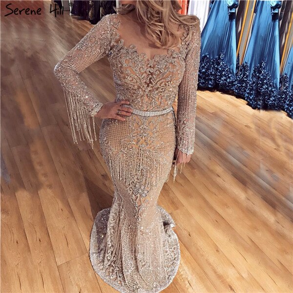 SERNE HILL Dubai Luxury Muslim Tassel Beading Long Evening Dresses Party Formal Gowns For Woman 2025 Plus Size LA60707 - SERENE HILL