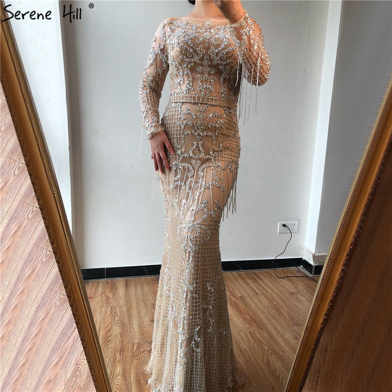 SERNE HILL Dubai Luxury Muslim Tassel Beading Long Evening Dresses Party Formal Gowns For Woman 2025 Plus Size LA60707 - SERENE HILL