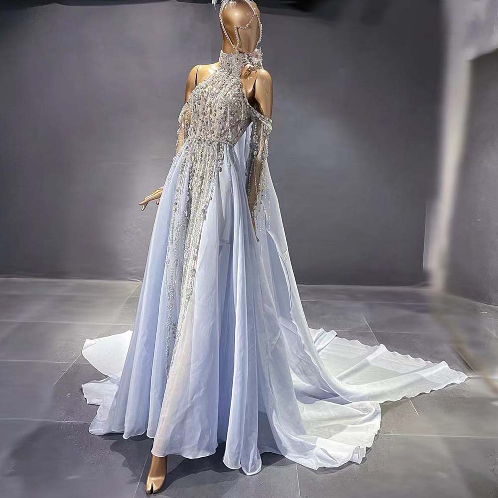 Blue Luxury Halter Cape Evening Dresses Gowns 2025 Beaded A-Line Blue / 2 Blue Luxury Halter Cape Evening Dresses Gowns 2025 Beaded A-Line Blue / 2