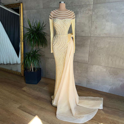 Serene Hill Muslim Ivory With Skirt Mermaid Elegant O Neck Luxury Beaded Evening Dresses Gowns 2025 For Women Party LA71767 - SERENE HILL