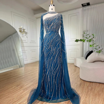 Black Mermaid Elegant Cape Sleeves Beaded Luxury Evening Gown LA72112 - SERENE HILL