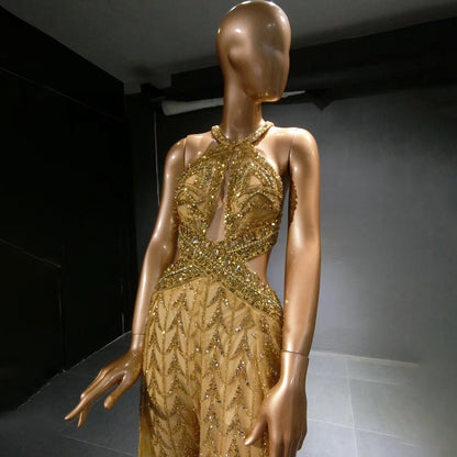 Gold Luxury Jumpsuit Evening Dresses Gowns 2025 Beaded Sexy Overskirt For Women Party Serene Hill LA71505 - SERENE HILL