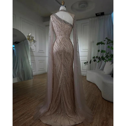 Black Mermaid Elegant Cape Sleeves Beaded Luxury Evening Gown LA72112 - SERENE HILL