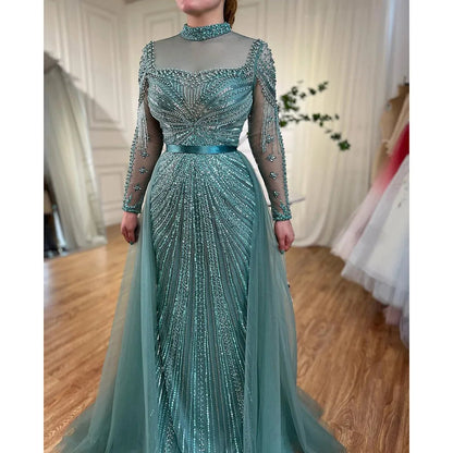 Luxury Nude Modest Beaded Tassel Mermaid Evening Dress LA71533 - SERENE HILL