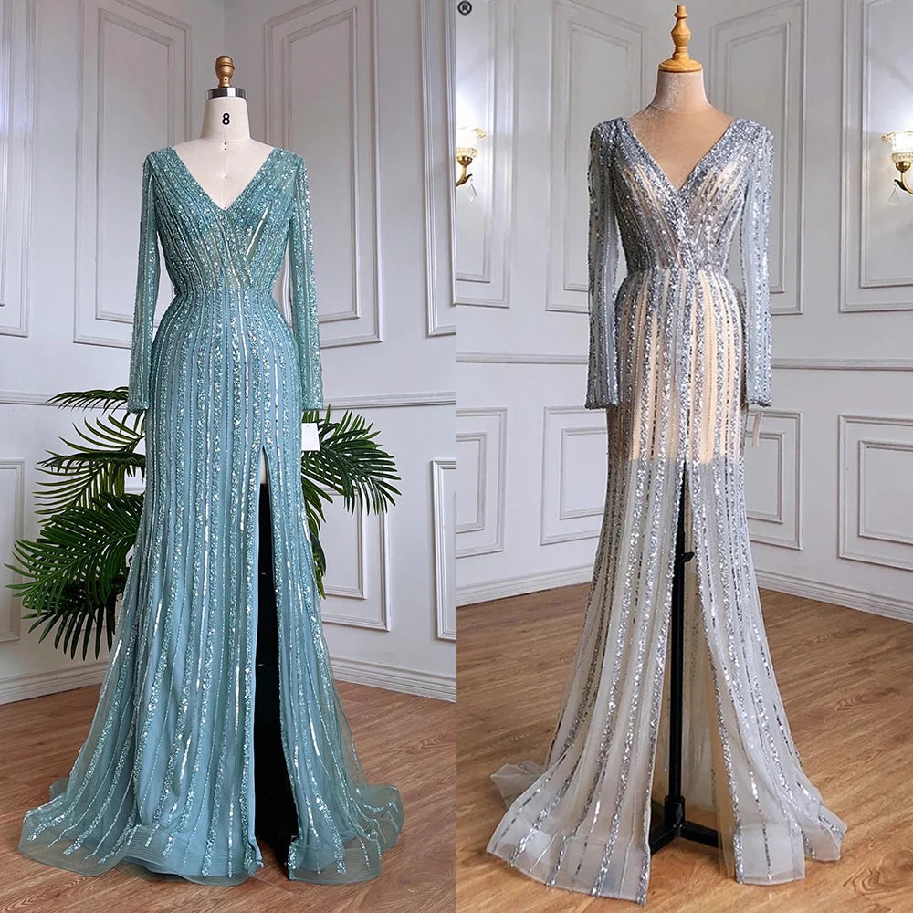 Serene Hill Silver Blue Mermaid Split Evening Dresses Gowns 2025 Beaded Elegant Luxury For Women Party LA71392 - SERENE HILL