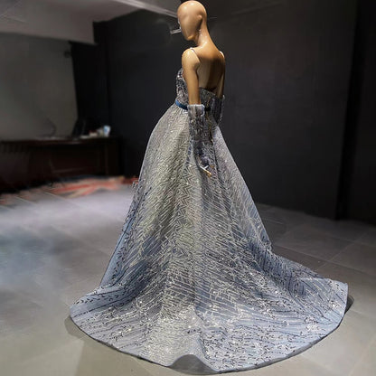 Serene Hill Blue Beaded Luxury Evening Dresses Gowns 2025 Detachable Sleeves A-Line For Women Party LA71506 - SERENE HILL