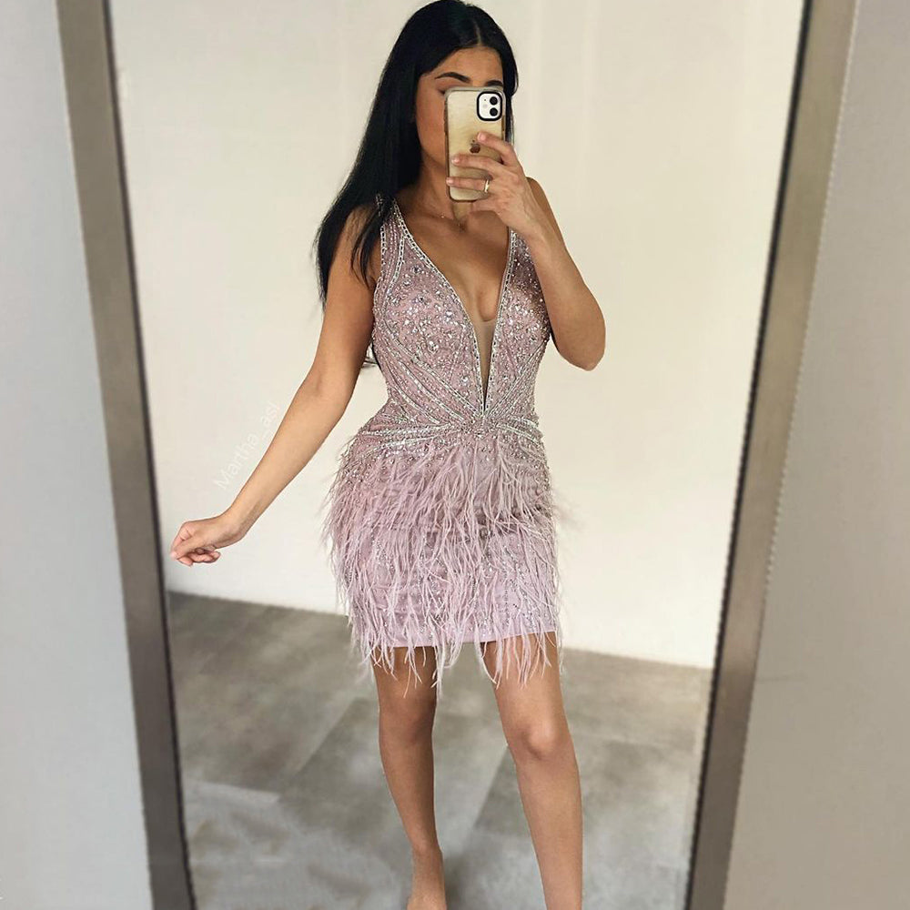 Serene Hill Pink Elegant Meramid Sexy V-neck Knee-Length Feathers Beaded Luxury Evening Dresses 2025 For Women Party LA71684 - SERENE HILL