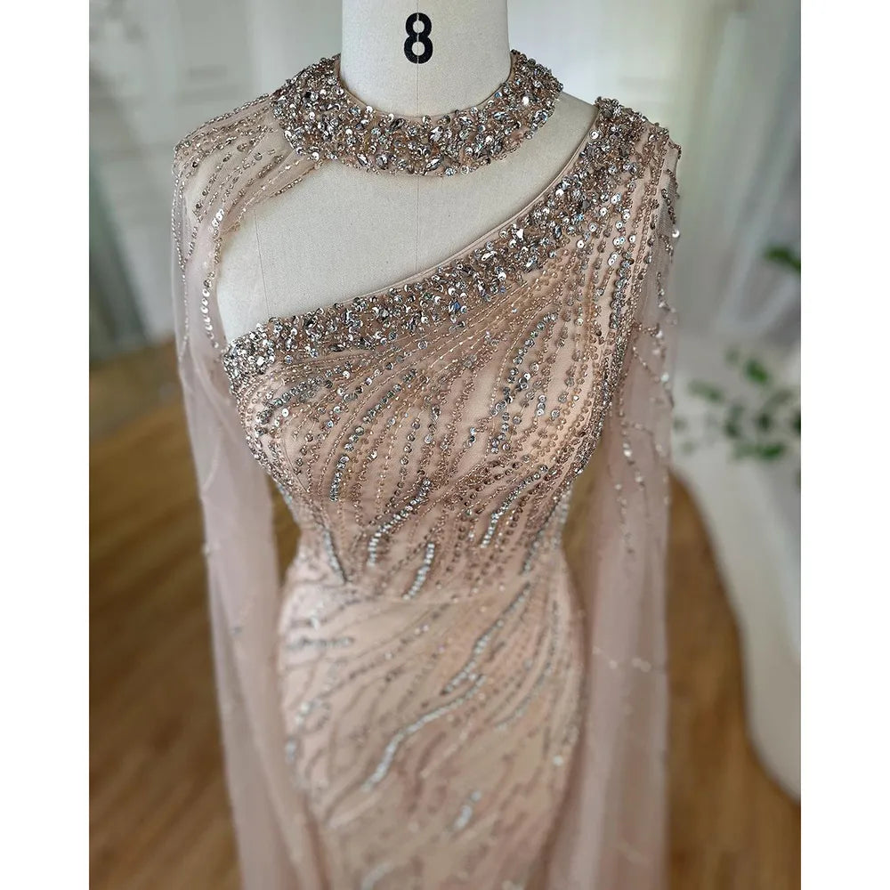 Black Mermaid Elegant Cape Sleeves Beaded Luxury Evening Gown LA72112 - SERENE HILL