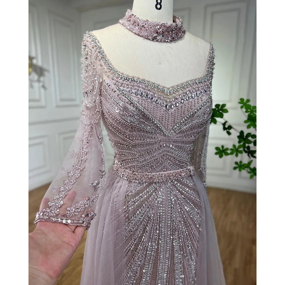 Luxury Nude Modest Beaded Tassel Mermaid Evening Dress LA71533 - SERENE HILL
