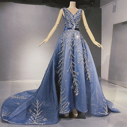 Serene Hill Blue Beaded Bling Evening Dresses Gowns 2025 V-Neck Sexy Luxury A-Line For Women Party LA71508 - SERENE HILL
