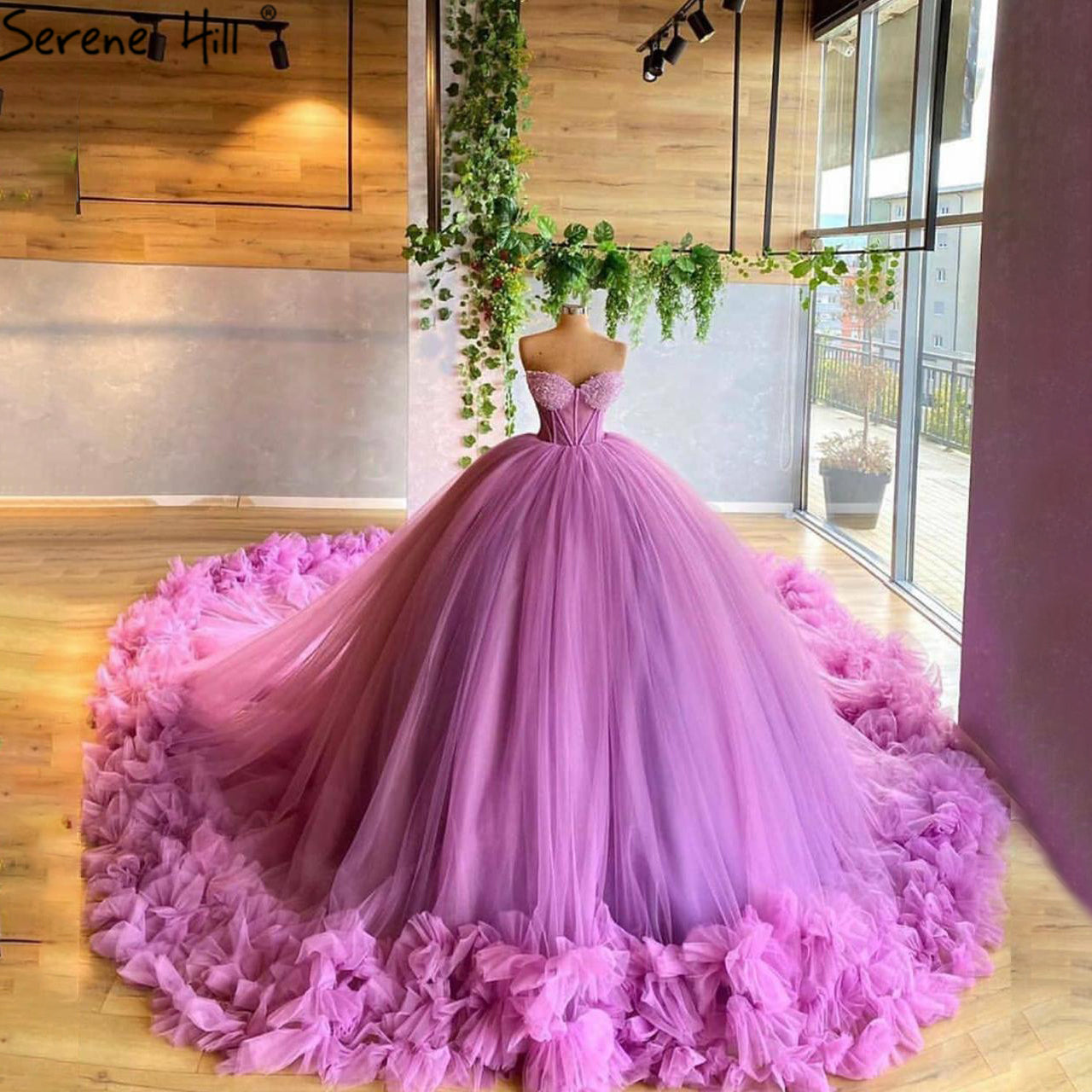 Serene Hill Fuchsia Puffy Bloemen Luxe Trouwjurk 2025 Sleeveess Sexy Tulle Bridal Jurk HA2486 - SERENE HILL