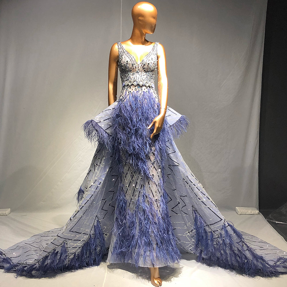 Serene Hill Blue Beaded Feather Evening Dresses Gowns 2025 Mermaid Luxury Elegant Overskirt For Women Wedding Party LA71586 - SERENE HILL