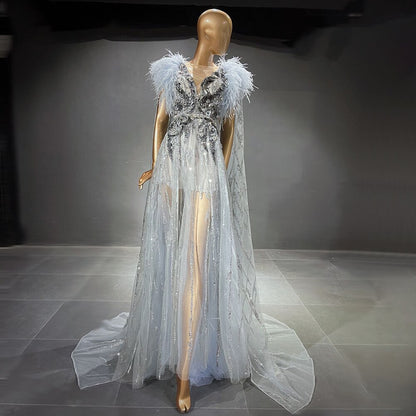 Serene Hill Silver Cape Sleeves Evening Dresses Gowns 2025 Beaded Feather A-Line Luxury For Women Party LA71546 - SERENE HILL