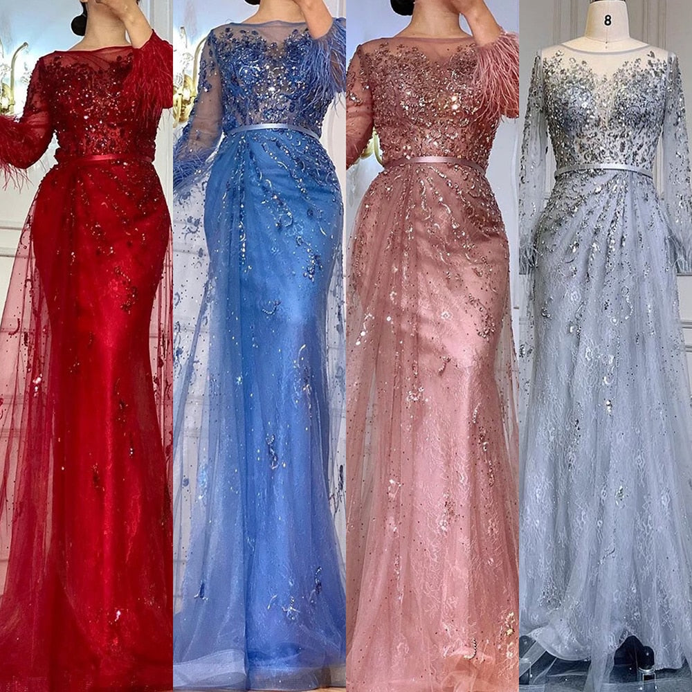 Serene Hill Evening Dress Long Wine Red Mermaid Dress Beaded Feathers With Cloak Party Gown Women Party LA70827 - SERENE HILL