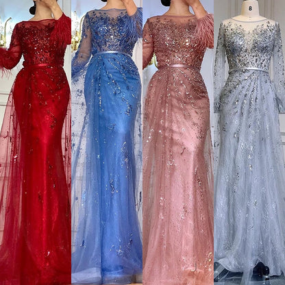 Serene Hill Evening Dress Long Wine Red Mermaid Dress Beaded Feathers With Cloak Party Gown Women Party LA70827 - SERENE HILL