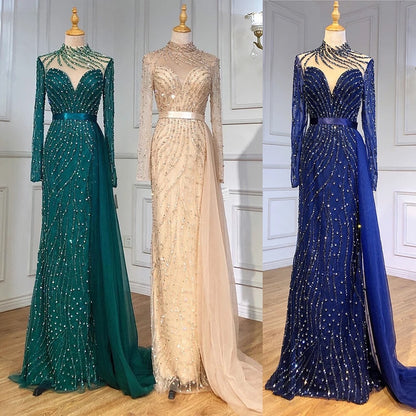 Serene Hill Muslim Ivory With Skirt Mermaid Elegant O Neck Luxury Beaded Evening Dresses Gowns 2025 For Women Party LA71767 - SERENE HILL