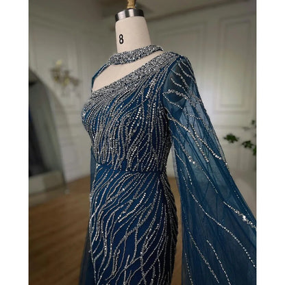 Black Mermaid Elegant Cape Sleeves Beaded Luxury Evening Gown LA72112 - SERENE HILL