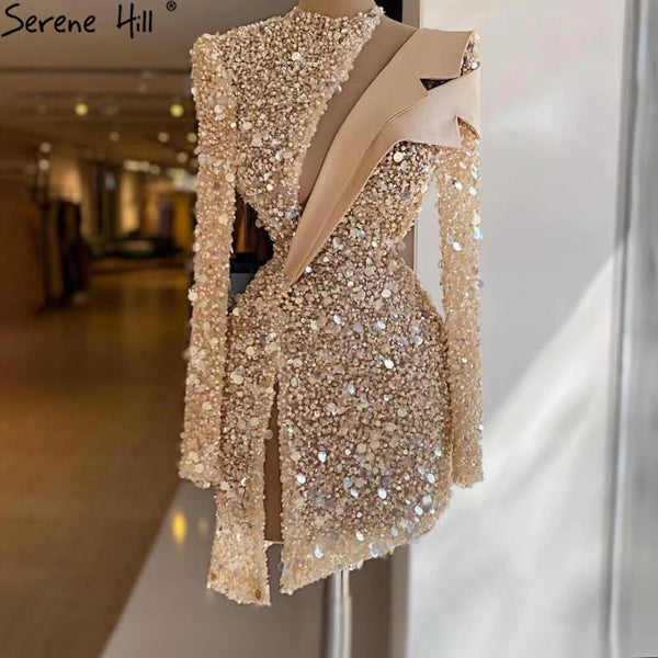 Serene HiLL Gold Asymmetrical Cocktail Party Gowns 2025 Beaded Pearl Sexy Luxury For Women Party LA71399