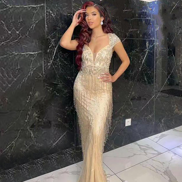 Serene Hiill Champagne Luxe Mermaid Avondjurken 2025 Kralen Kwastje Elegante Voor Vrouwen Party LA70061