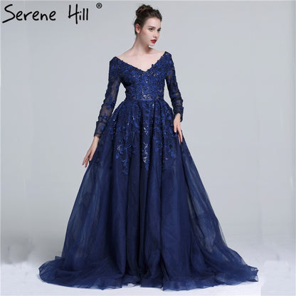 Sale Serene Hill 2025 Dark Blue Deep-V Tulle Evening Dresses Newest Long Sleeve Appliques Sequined Gowns LA6099 - SERENE HILL